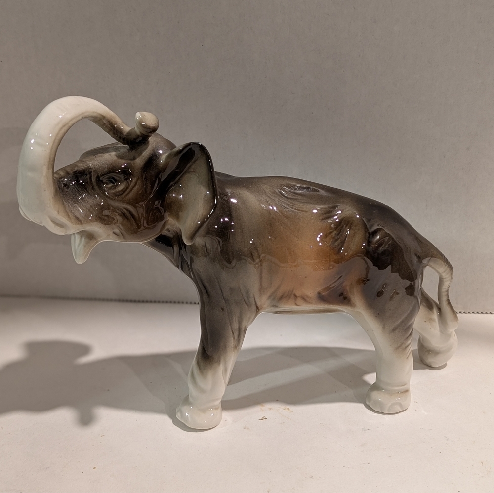 Vintage Royal Dux Porcelain Elephant with Trunk Up